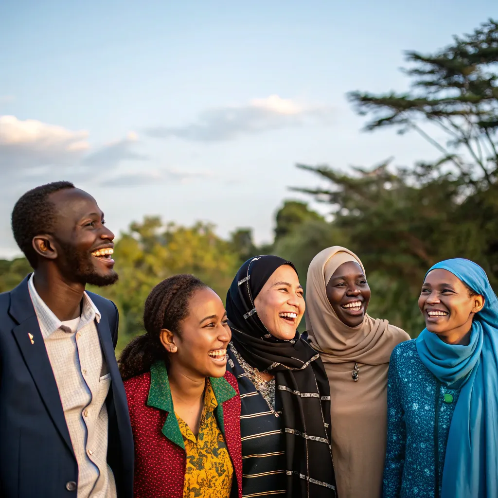 A group of diverse people smiling outdoors, representing international cooperation and unity in the digital age.