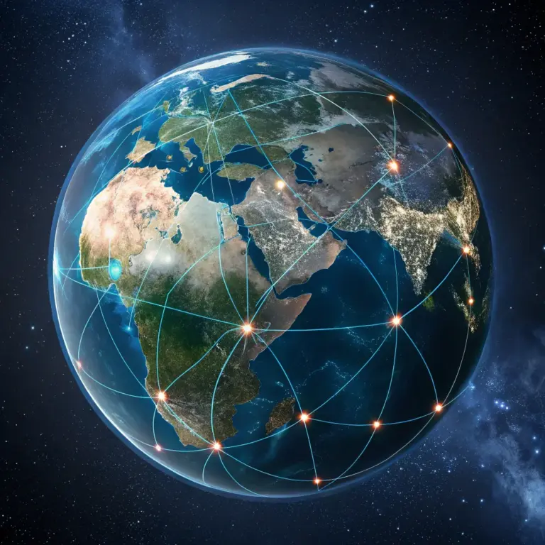 A realistic view of Earth from space with glowing digital network lines connecting continents, symbolizing global internet access.