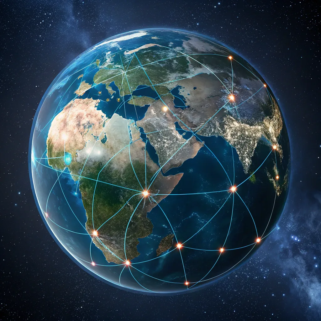 A realistic view of Earth from space with glowing digital network lines connecting continents, symbolizing global internet access.