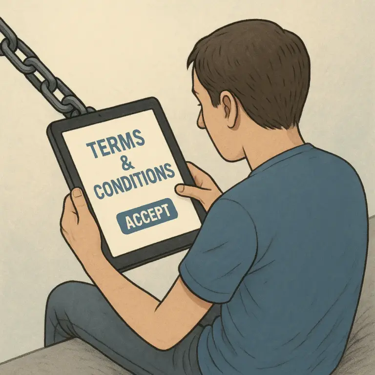 A person sitting with a tablet showing "Terms & Conditions" and an "ACCEPT" button, connected to a chain symbolizing restricted digital freedom.
