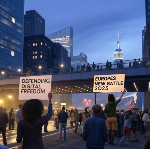 People protesting for digital freedom in a city at dusk, holding signs about Europe's new battle 2025.